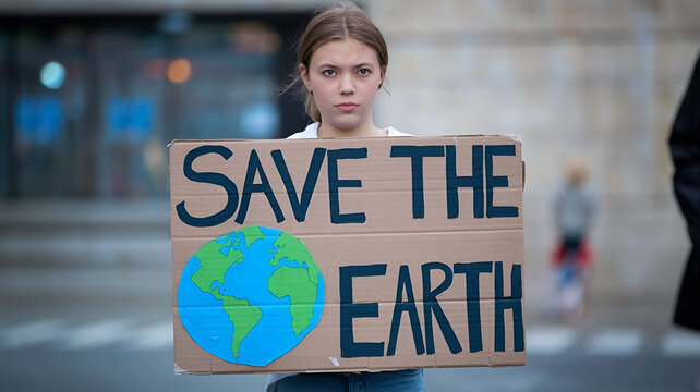 young girl protesting with a sign saying save the earth