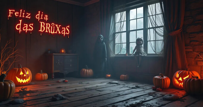 Feliz dia das bruxas. Quarto do medo. Pavor. Panico. Janela com boneca. Terror. Susto. Apavorante.