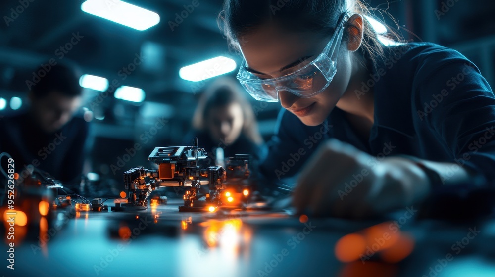 Poster a focused engineer assembling robotic components in a high-tech workshop, demonstrating innovation a