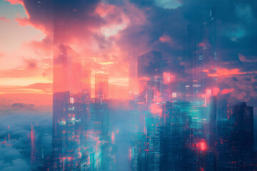 A cityscape with neon lights and cars on a road