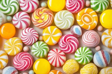 Various colorful round candies with distinctive swirls and patterns, highlighted in a close-up shot.