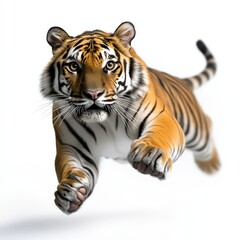 Obraz premium A majestic tiger leaps forward with power and grace, showcasing its beautiful stripes and fierce expression.