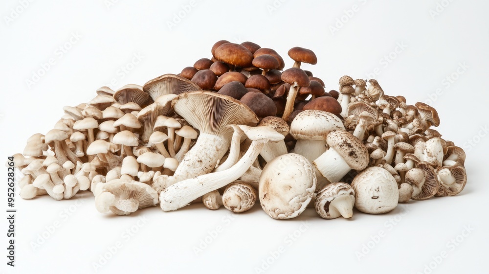 Poster artistic arrangement of mushrooms, including a mix of types like cremini and portobello, set against