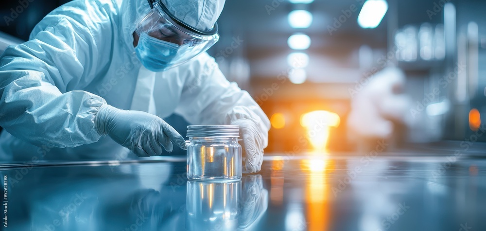 Poster a scientist in protective gear analyzes a sample in a modern laboratory with advanced technology and