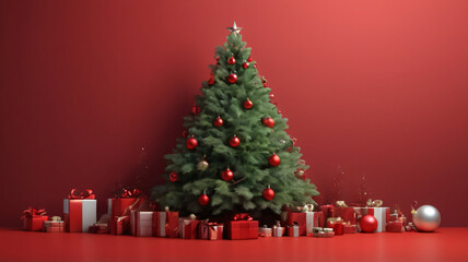 
red christmas background design with 3d illustration of fir tree with christmas decorations and empty space for text