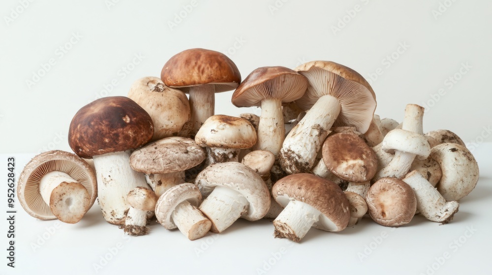 Poster artistic arrangement of mushrooms, including a mix of types like cremini and portobello, set against