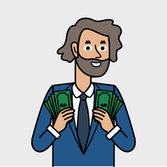 bearded businessman holding a lot of money in his hands.eps