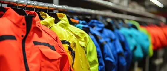 A vibrant collection of outdoor jackets in various colors, showcasing modern design and durability for adventure seekers.