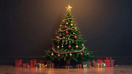 Christmas background, with 3D rendering of a Christmas tree and its decorations and empty space for text
