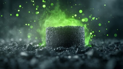 Energy Innovation: Coal Briquette in High-Tech Lab with Green Aura of Renewability