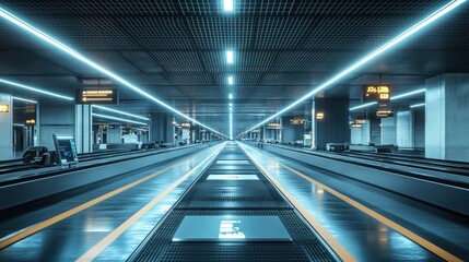 A futuristic baggage handling system with automated features and no passengers. Focus on bright lighting, clean design, and high-tech equipment.