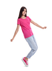 Full length portrait of teenage girl on white background