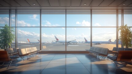 An airport observation deck with a panoramic view of aircraft and no people. Emphasis on bright daylight, modern seating, and clean design.