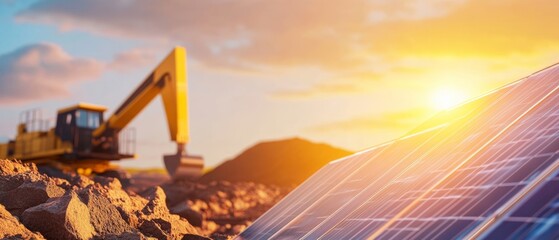 Harmonious Coexistence: Modern Coal Mining Equipment and Solar Panels Embracing Old and New Technologies Beneath a Colorful Sky