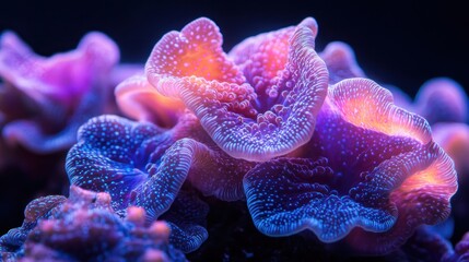 Cluster of fluorescent corals with different shapes isolated on black background. Intense glow and color contrast.