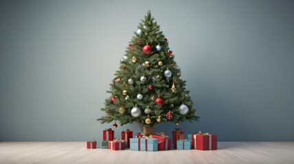 Christmas background, with 3D rendering of a Christmas tree and its decorations and empty space for text