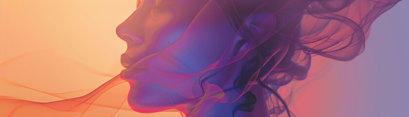 Fototapeta premium An abstract portrait of a woman in shades of purple and orange, with flowing, translucent elements, blending art and surrealism for visual appeal.