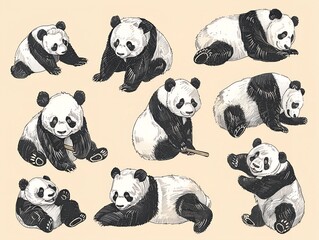 Obraz premium Set of various panda illustration on white. AI generated