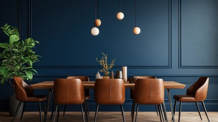 Modern Dining Room with Leather Chairs and Blue Walls