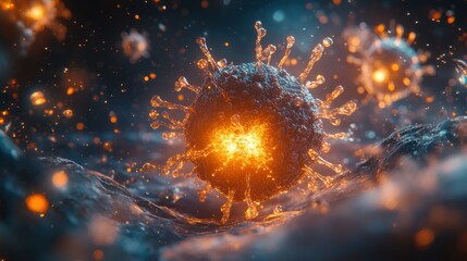 Fototapeta premium Virus cell with highlighted entry point on cell membrane. Bright illumination focusing on entry.