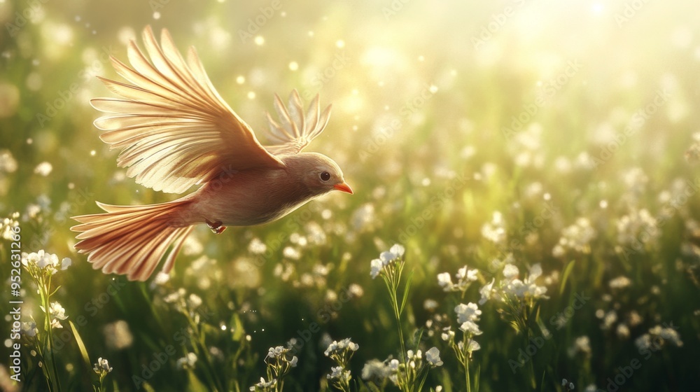 Poster bird flying close to the ground with a backdrop of lush grass or flowers, highlighting its graceful 