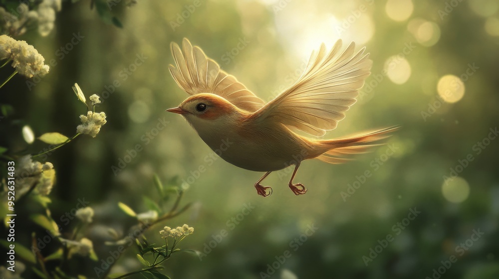 Poster bird flying close to the ground with a backdrop of lush grass or flowers, highlighting its graceful 