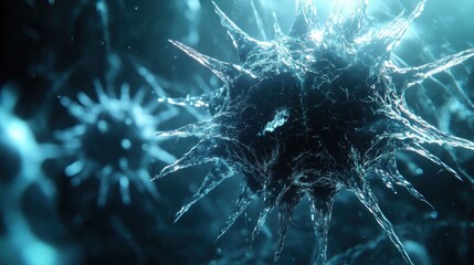 Close-up of a virus cell with spikes. Emphasis on bright illumination and cell structure.