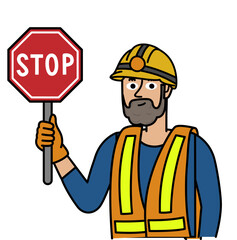 Happy man wearing helmet and holding a stop sign.eps