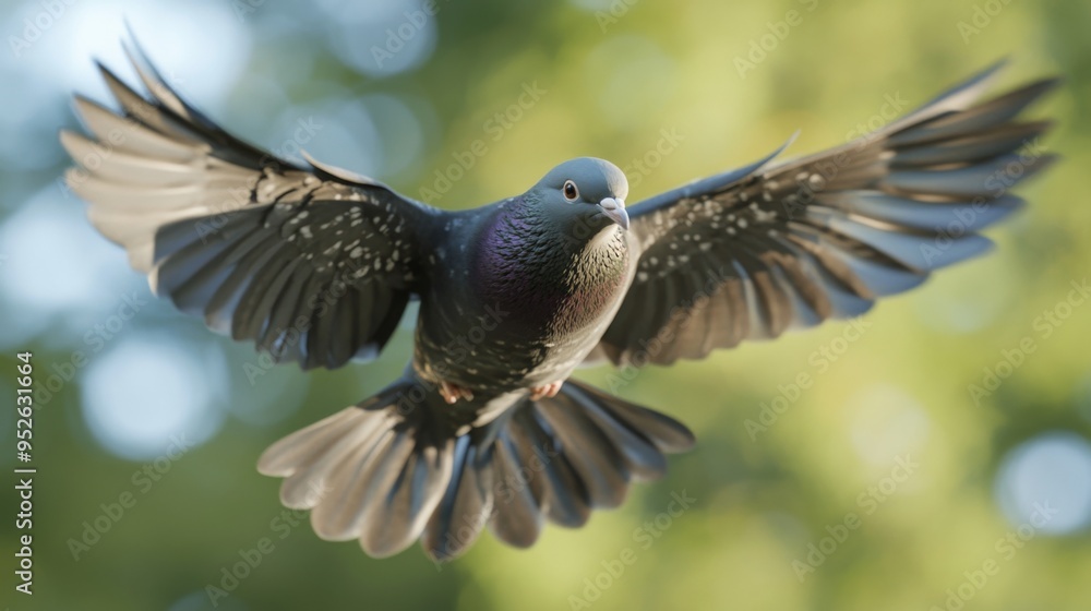 Poster Bird in mid-flight with a close-up view of its head and wings, set against a blurred background of trees or open sky for a dynamic shot.