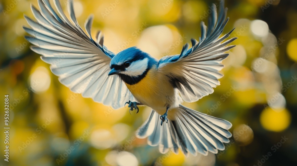 Poster Bird taking off from a perch with its wings fully extended, captured in sharp focus to show the intricate details of its feathers and movement.