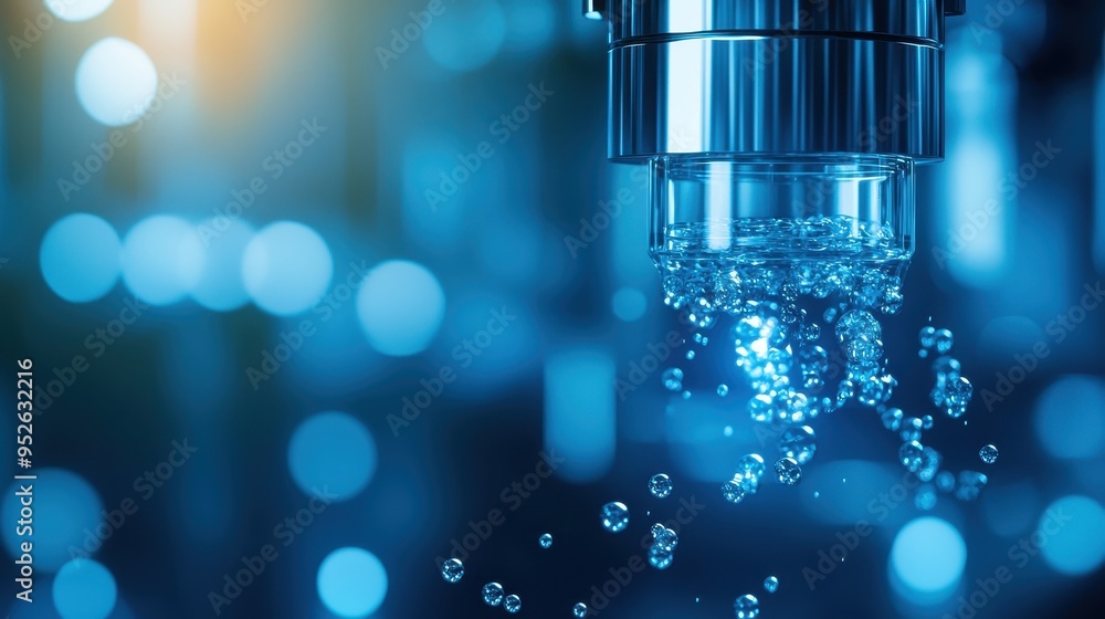 Poster a close-up view of a water tap with droplets splashing in a mesmerizing blue background, capturing t
