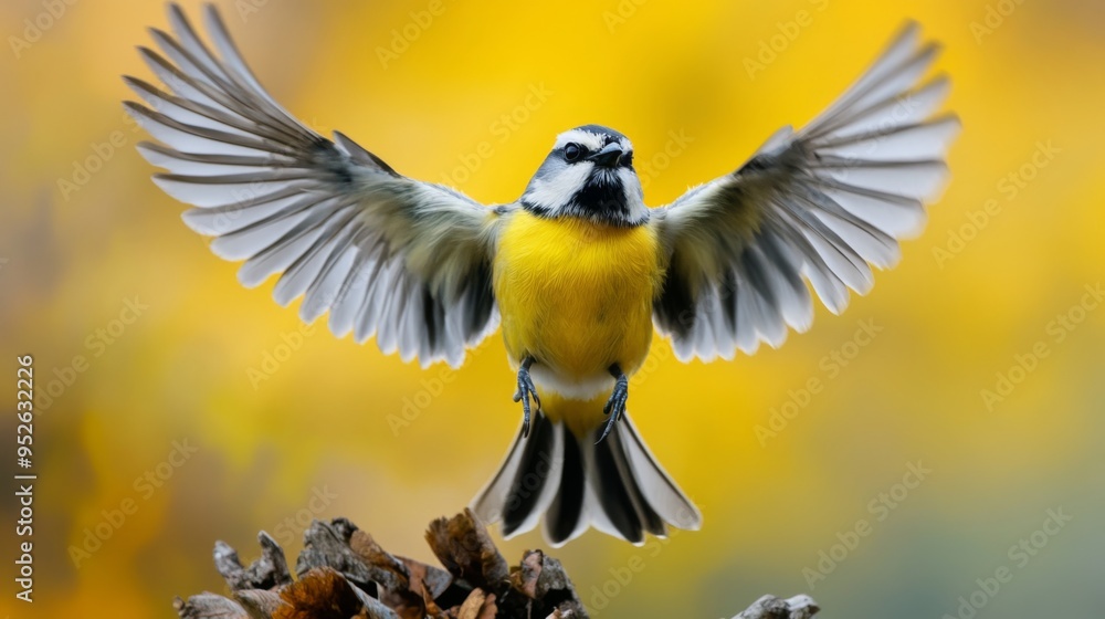 Poster Bird taking off from a perch with its wings fully extended, captured in sharp focus to show the intricate details of its feathers and movement.