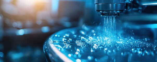 A close-up shot of water being sprayed in a modern industrial setting, showcasing innovative machinery and dynamic fluid motion.