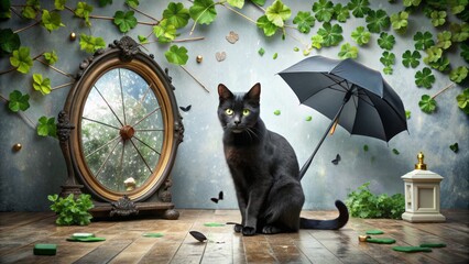 A black cat crosses the path of a shattered mirror, broken ladder, and open umbrella, surrounded by fallen clocks and scattered four-leaf clovers on Friday the 13th.