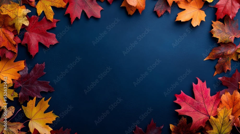 Poster A vibrant frame of autumn leaves in shades of red, orange, and yellow, arranged around a blue background. The leaves symbolize the beauty of nature, the changing seasons, and the warmth of autumn.