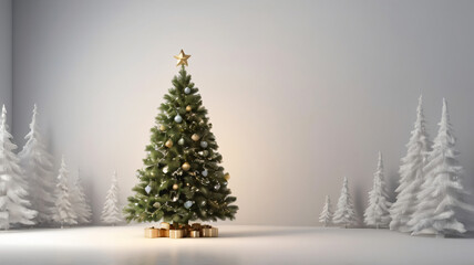 Christmas background, with 3D rendering of a Christmas tree and its decorations and empty space for text