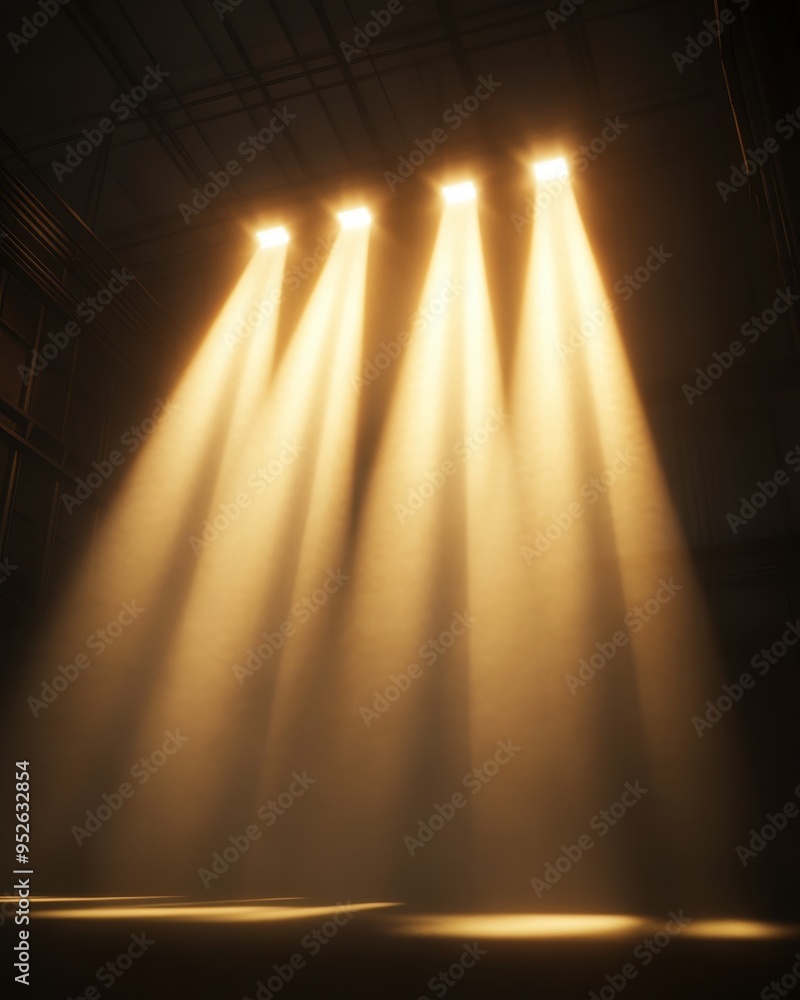 Poster a mesmerizing display of stage lights casting warm beams, creating an enchanting ambiance for events