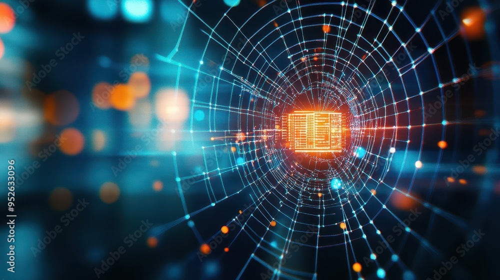 Poster a captivating digital web with glowing lines and a central chip, symbolizing technology, innovation,