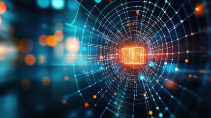 A captivating digital web with glowing lines and a central chip, symbolizing technology, innovation, and connectivity.