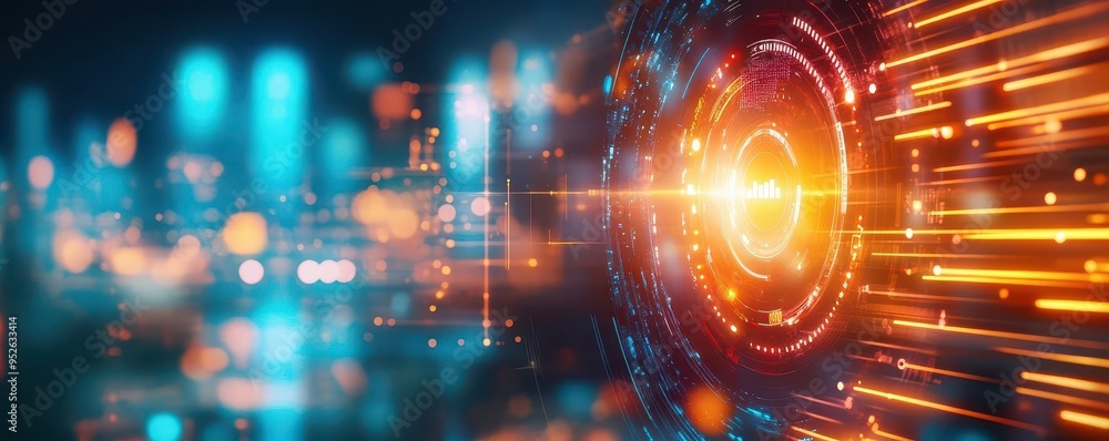 Poster a vibrant abstract design featuring glowing lines and circles, representing technology and innovatio