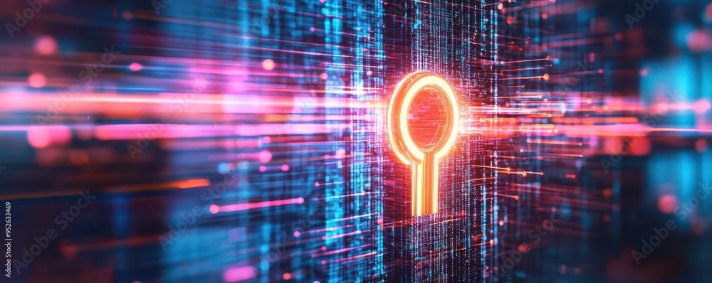 Poster a vibrant digital illustration featuring an abstract keyhole symbol amidst a matrix of glowing data 