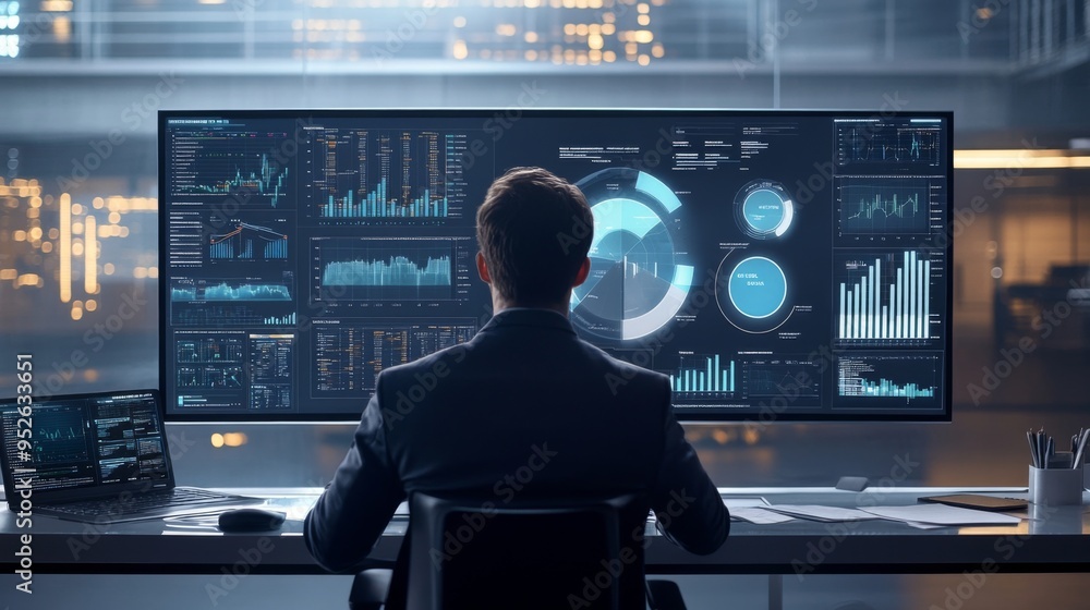 Poster business professional analyzing a 3d pie chart on a large monitor, with segments showing various dat