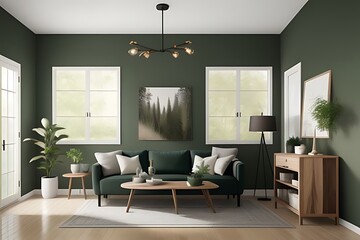 Fototapeta premium Modern living room with hunter green sunlight shadow.