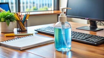 A clear plastic bottle of antibacterial gel sits on a cluttered office desk, surrounded by pens, papers, and a computer keyboard, promoting cleanliness.