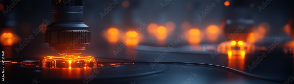 Poster close-up of a futuristic device emitting orange light, showcasing intricate technology and a sleek d