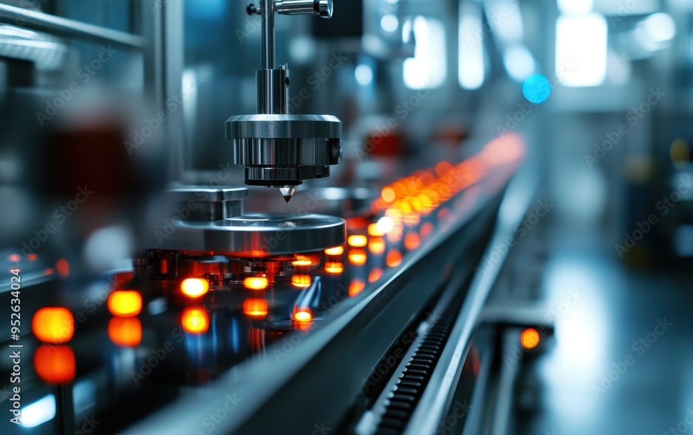 Poster close-up of a factory production line with glowing indicators, showcasing advanced machinery in an i