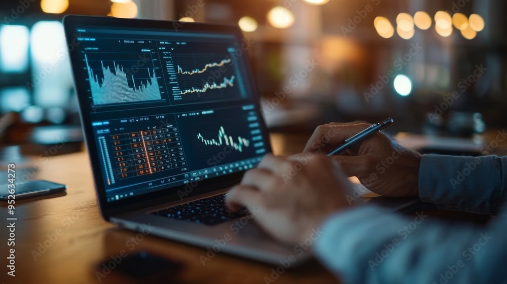 Poster business professional analyzing financial data on a laptop screen, with graphs and numbers displayed