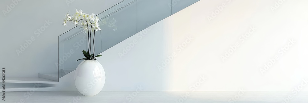 Canvas Prints A white orchid plant in a round white pot sits elegantly in a minimalist interior, against a backdrop of a sleek glass staircase, symbolizing clean lines, contemporary design, natural beauty, and tran