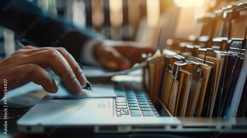 Poster a person is typing on a laptop in front of a stack of files