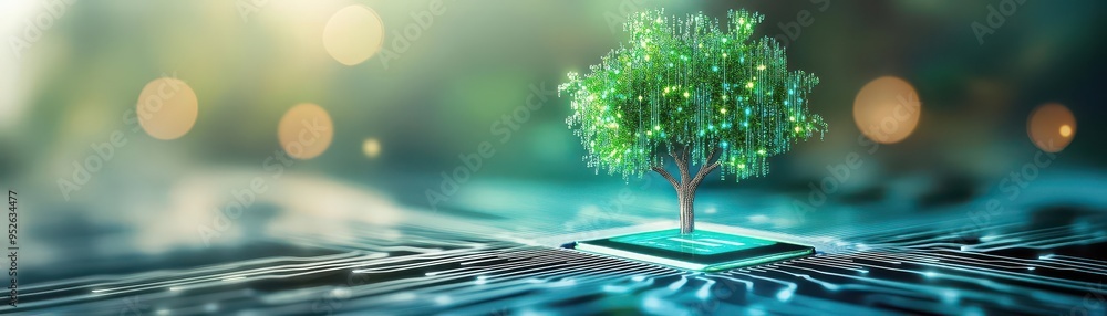 Poster a vibrant tree emerging from a microchip, symbolizing the fusion of nature and technology in a harmo